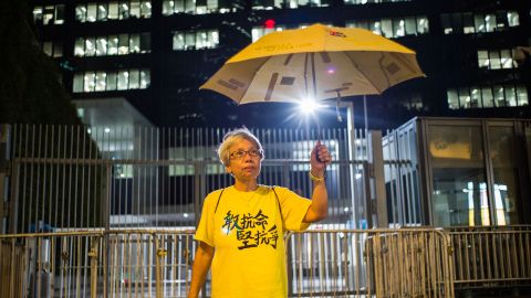 Alexandra Wong poses next to the government headquarter's driveways in Hong Kong, on the eve of the second anniversary of the Umbrella Movement.  
