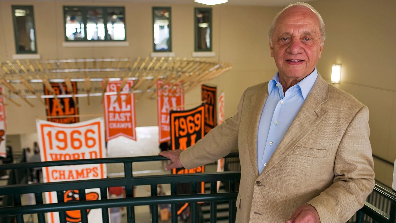 Baltimore Orioles owner Peter Angelos stands above the atrium of the newly renovated Ed Smith Stadium before a MLB spring training game with the Tampa Bay Rays in Sarasota, Florida, on March 1, 2011.