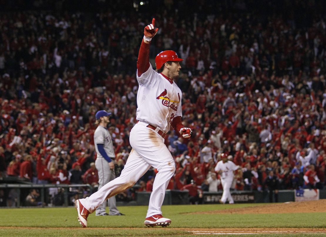 Then St. Louis Cardinals third baseman David Freese celebrates his game-winning home run in the 11th inning of Game 6 the World Series on October 27, 2011.