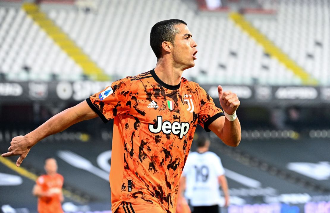 Cristiano Ronaldo celebrates scoring against Spezia.