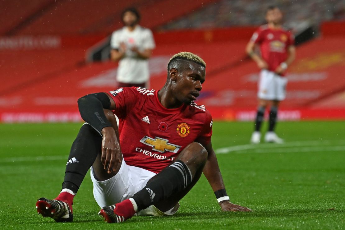 Paul Pogba reacts after giving away a penalty against Arsenal.