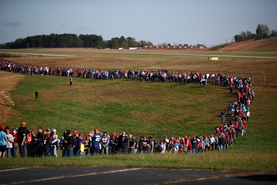 Supporters line up for a Trump rally in Hickory, North Carolina, on November 1, 2020.