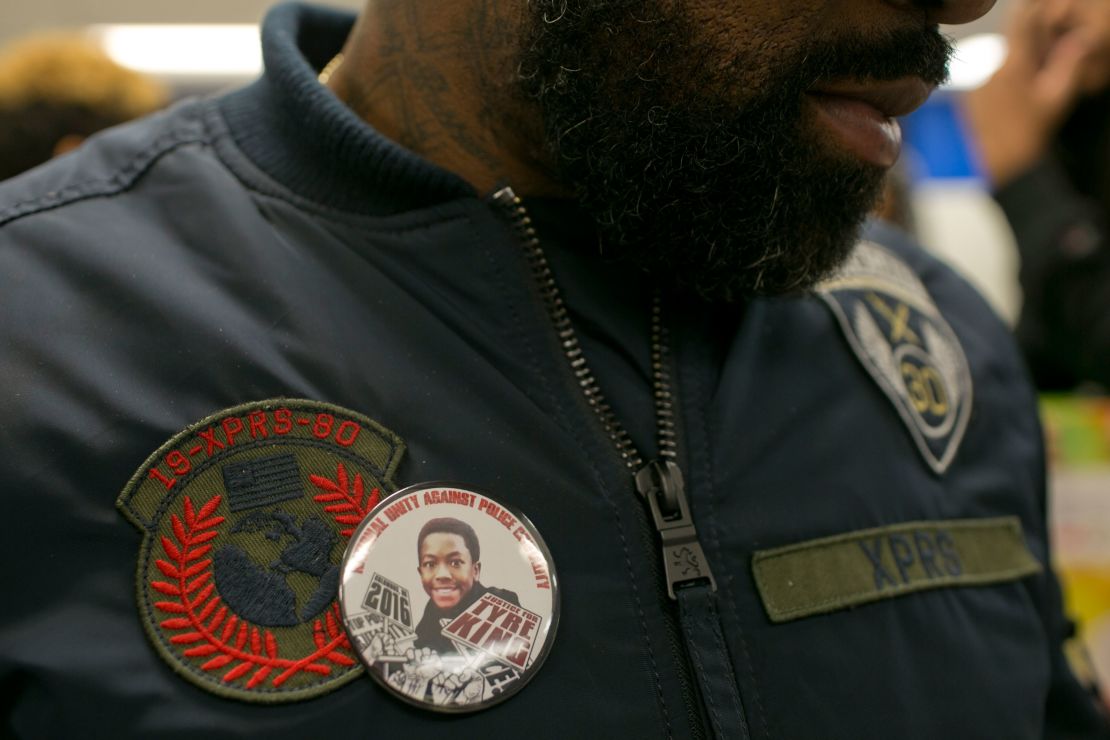 Maurice Cardwell, Tyre King's father, wears a pin during a 2016 protest.