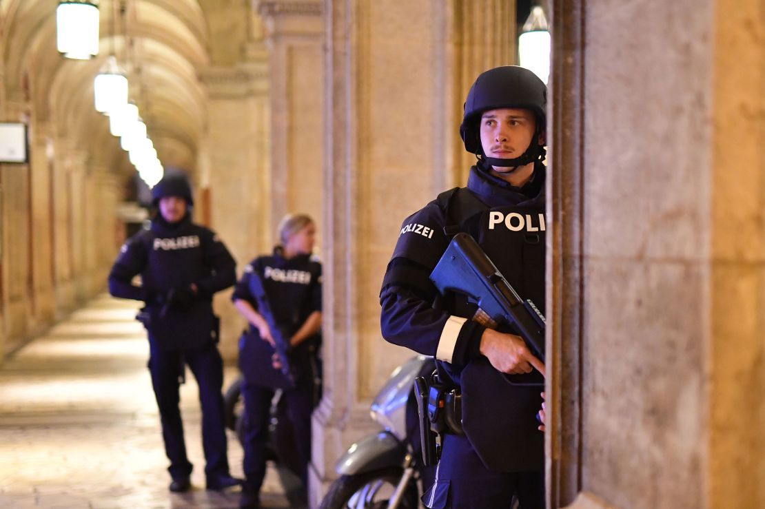 Armed police patrol a passage near the site of the attack on Monday.