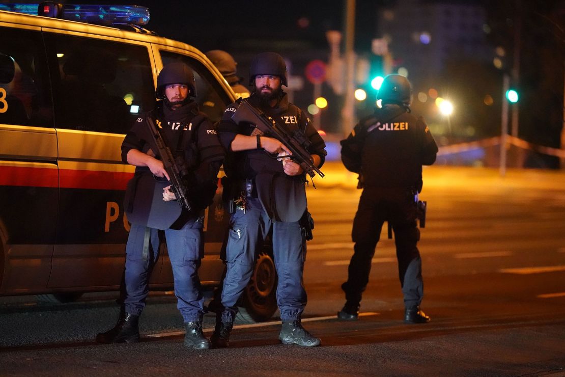 Police cars and armed police on the streets of the Austrian capital on Monday night. 