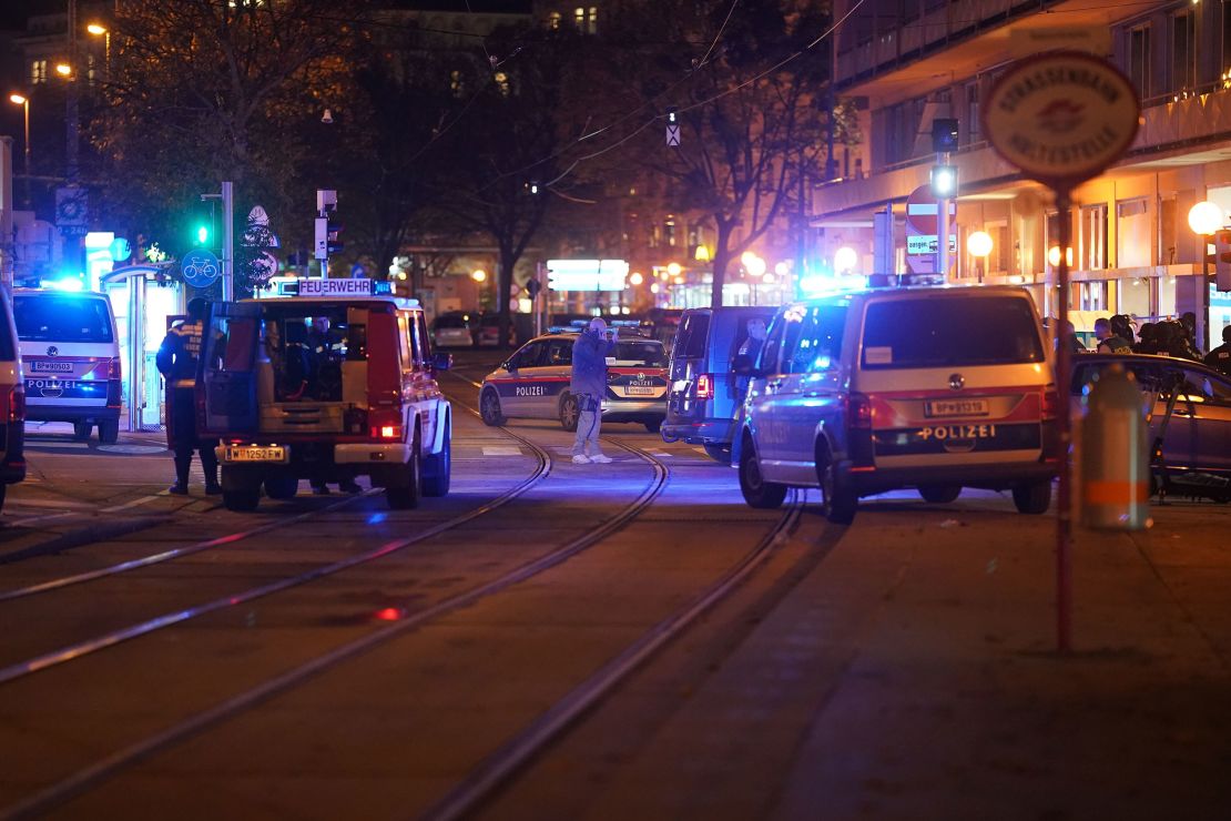 Police cars and ambulances in central Vienna on Monday night.