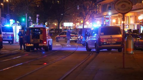 Police cars and ambulances in central Vienna on Monday night.