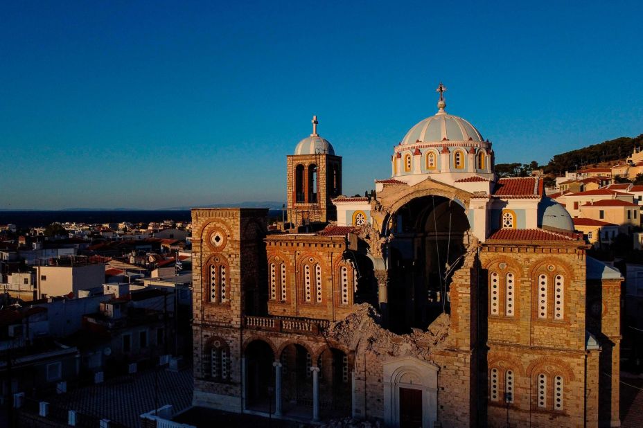 The damaged Greek Orthodox church of Karlovasi is pictured on the Greek island of Samos on Saturday, October 31.