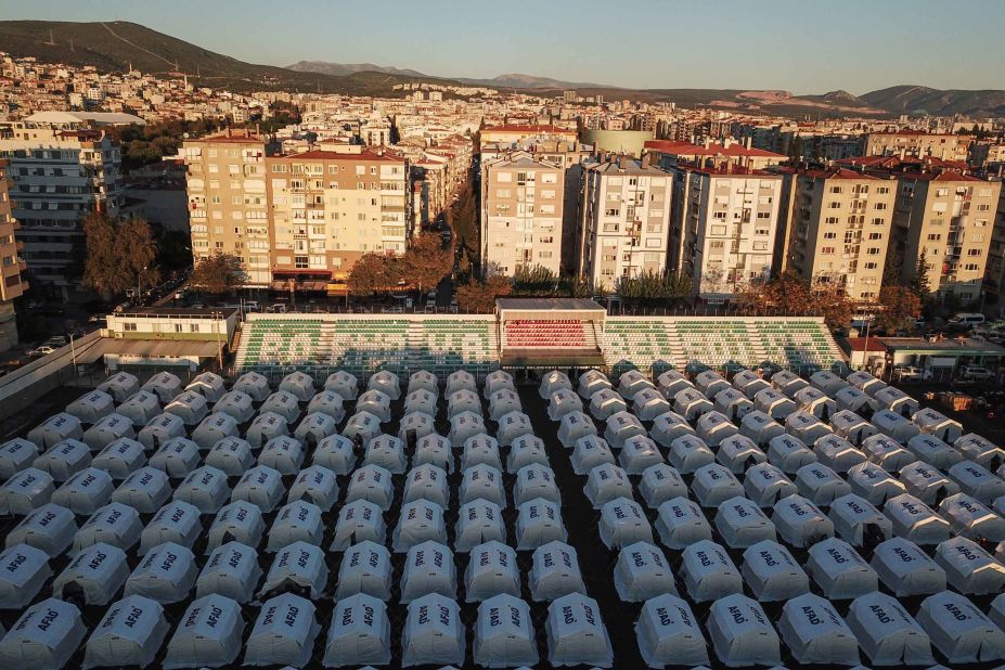 An emergency camp for displaced people was set up at the Eski Bornova stadium in Izmir.