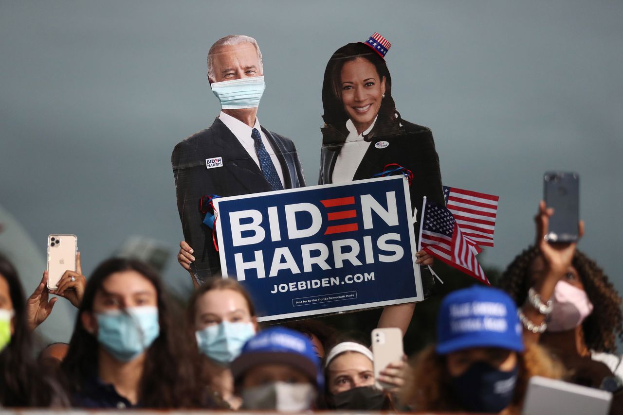 Biden supporters hold up a cardboard cutout of Biden and his running mate, US Sen. Kamala Harris, during a drive-in rally in Miami on November 2.