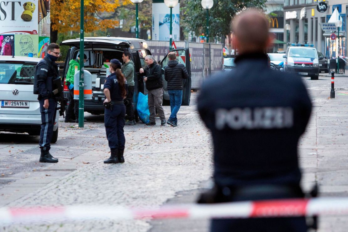 Austrian police at Morzinplatz in Vienna Tuesday following the attack. 