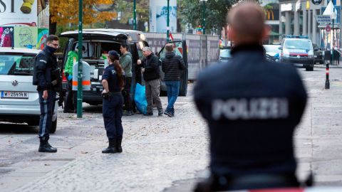 Austrian police at Morzinplatz in Vienna Tuesday following the attack. 
