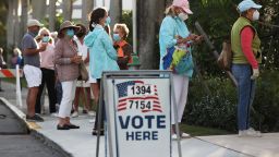 People stand in line to vote at the Morton and Barbara Mandel Recreation Center on November 03, 2020 in Palm Beach, Florida.  
