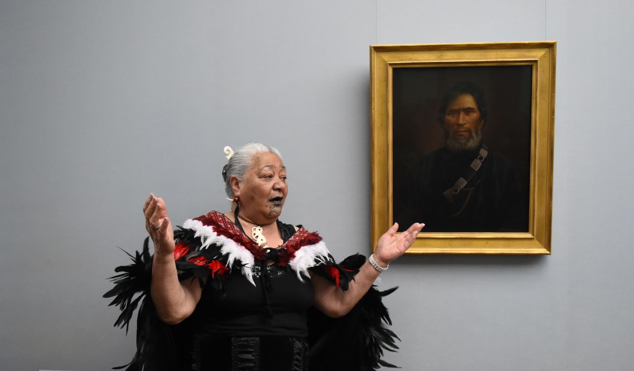 A woman with lip and chin markings, known as moko kauae, at the Alte Nationalgalerie museum in Berlin in 2014. 