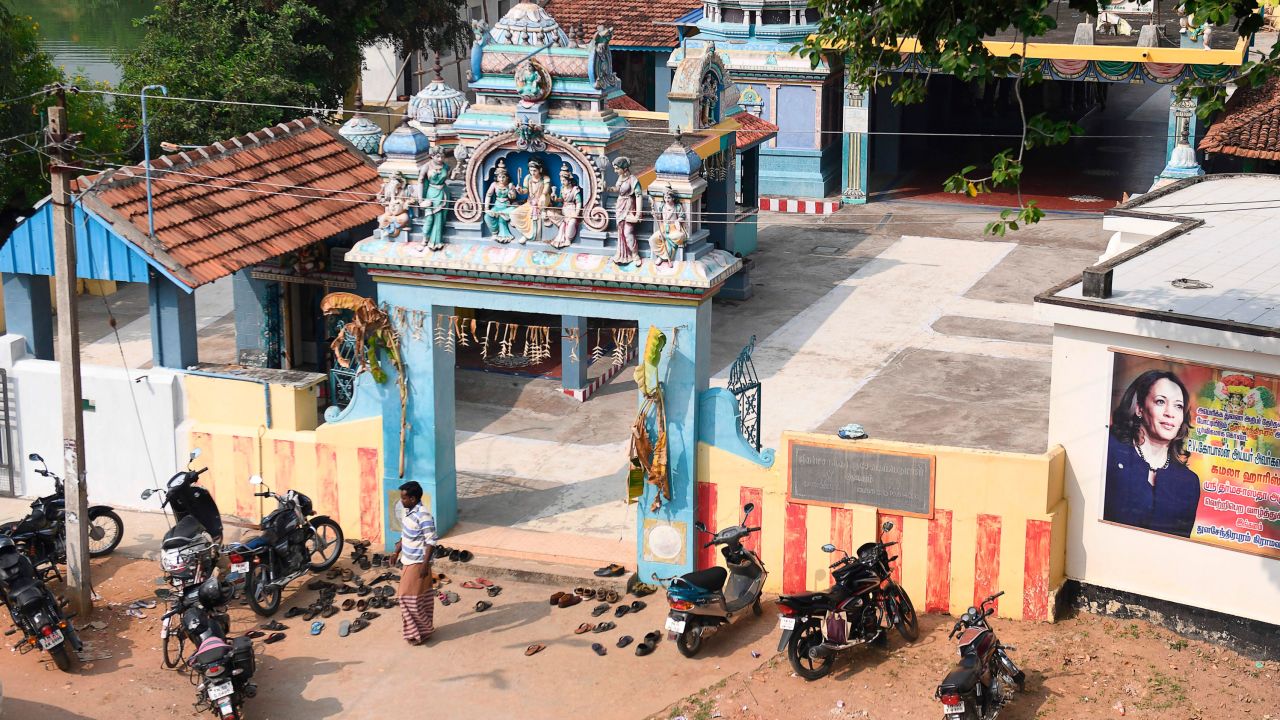 A poster of Kamala Harris displayed on a temple in her ancestral village of Thulasendrapuram.