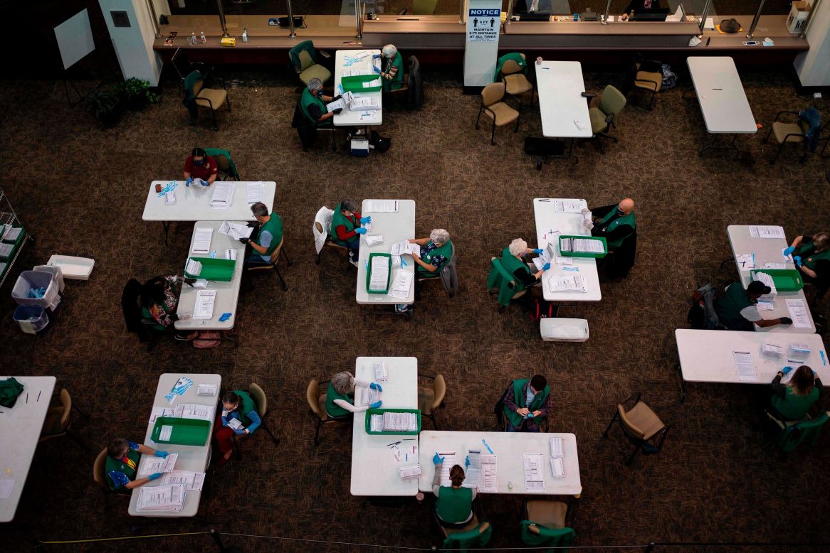 Election judges verify and count ballots in Denver on Tuesday, November 3.