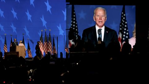 Vice President Joe Biden with his wife, Dr. Jill Biden, speaks to supporters on election night at the Chase Center in Wilmington, Delaware, on November 3, 2020.  
