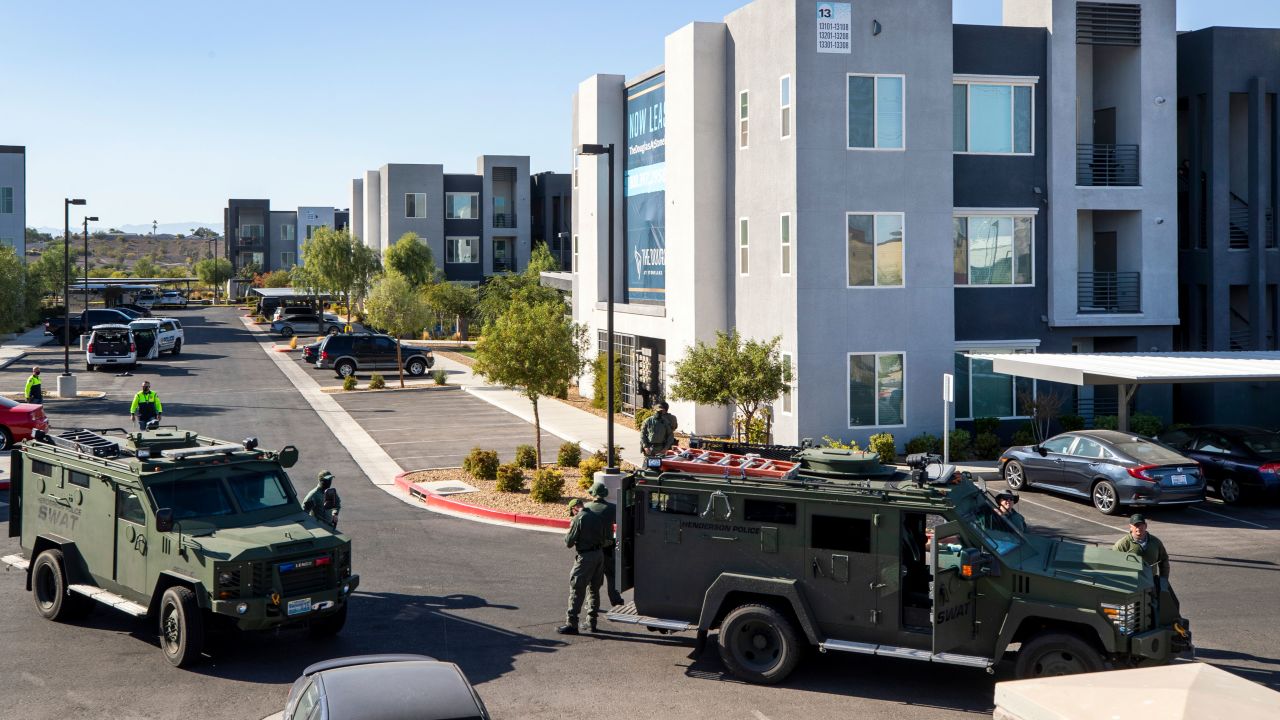 Police are shown at the shooting scene on Tuesday in Henderson, Nevada.