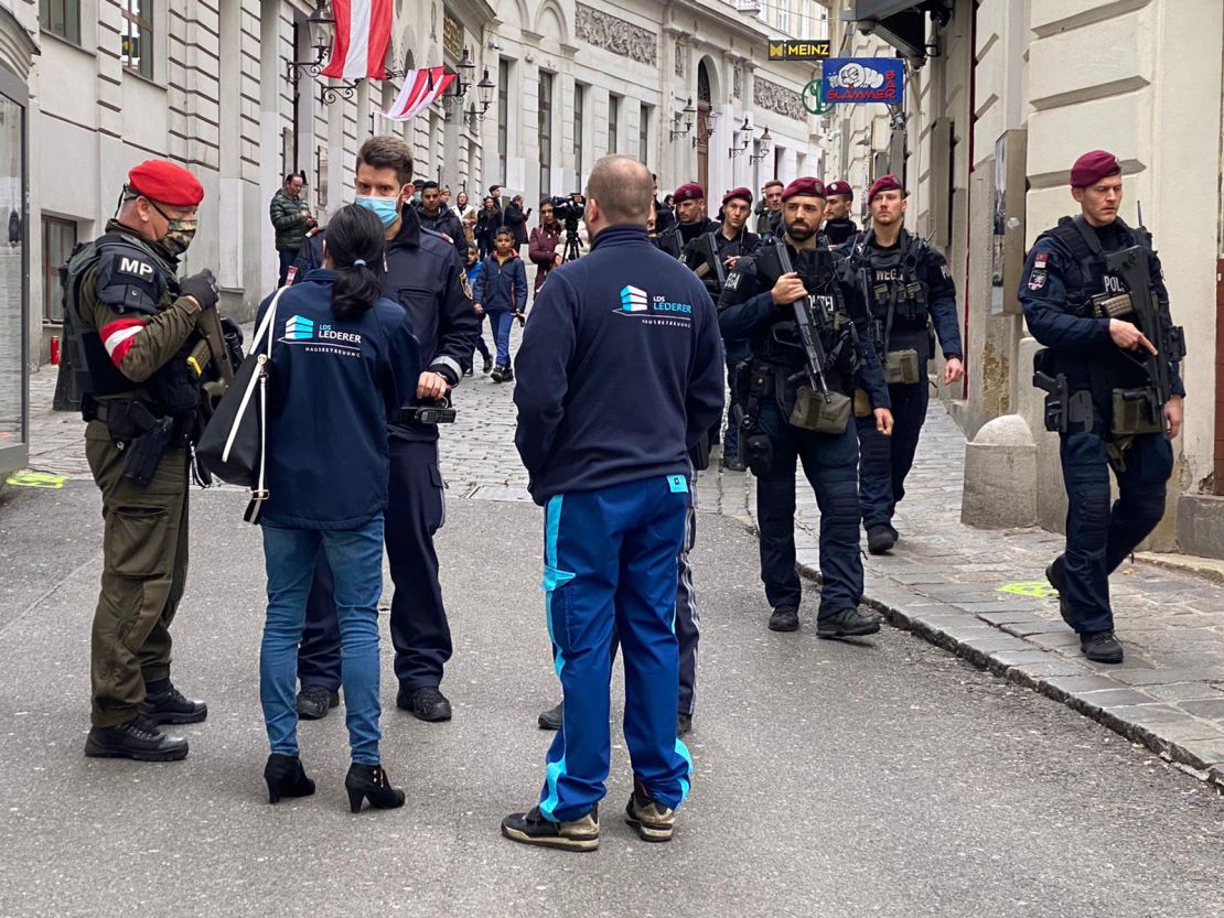 Police and military forces are seen in Seitenstettengasse, Vienna, on Wednesday.