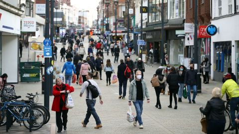 People shopping in Derby, in England's East Midlands, on Wednesday ahead of a national lockdown from Thursday.