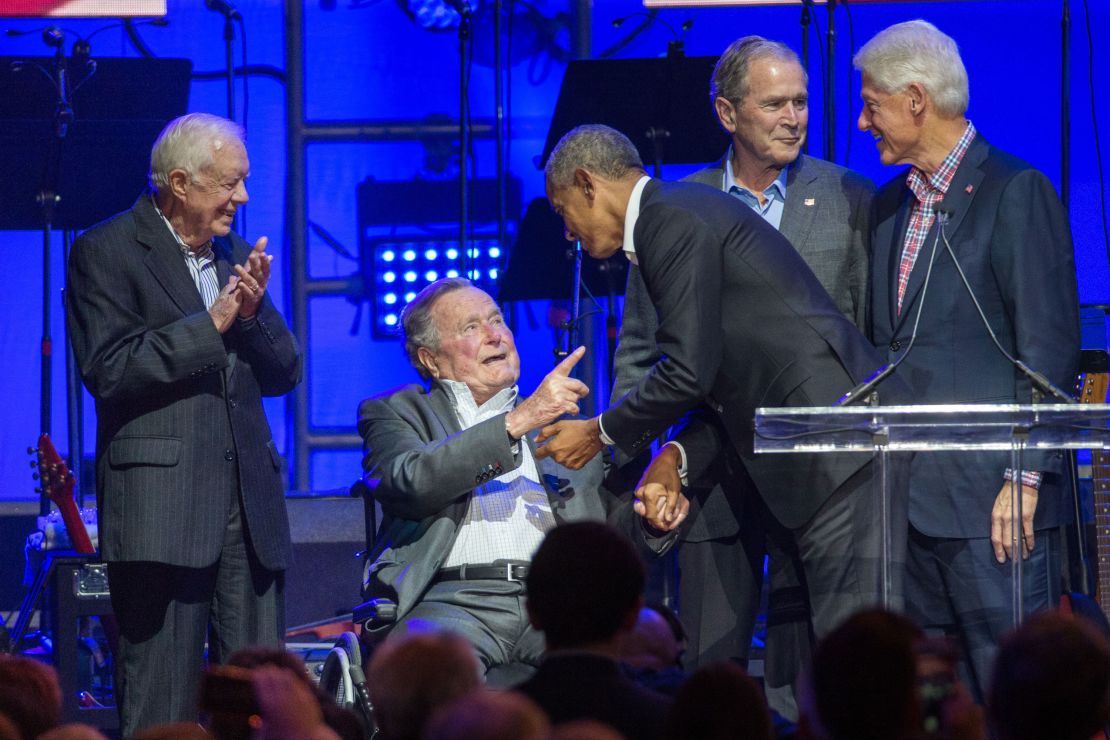 Former US Presidents, Jimmy Carter, George H. W. Bush, Barack Obama, George W. Bush and Bill Clinton attend the Hurricane Relief concert in College Station, Texas, on October 21, 2017.