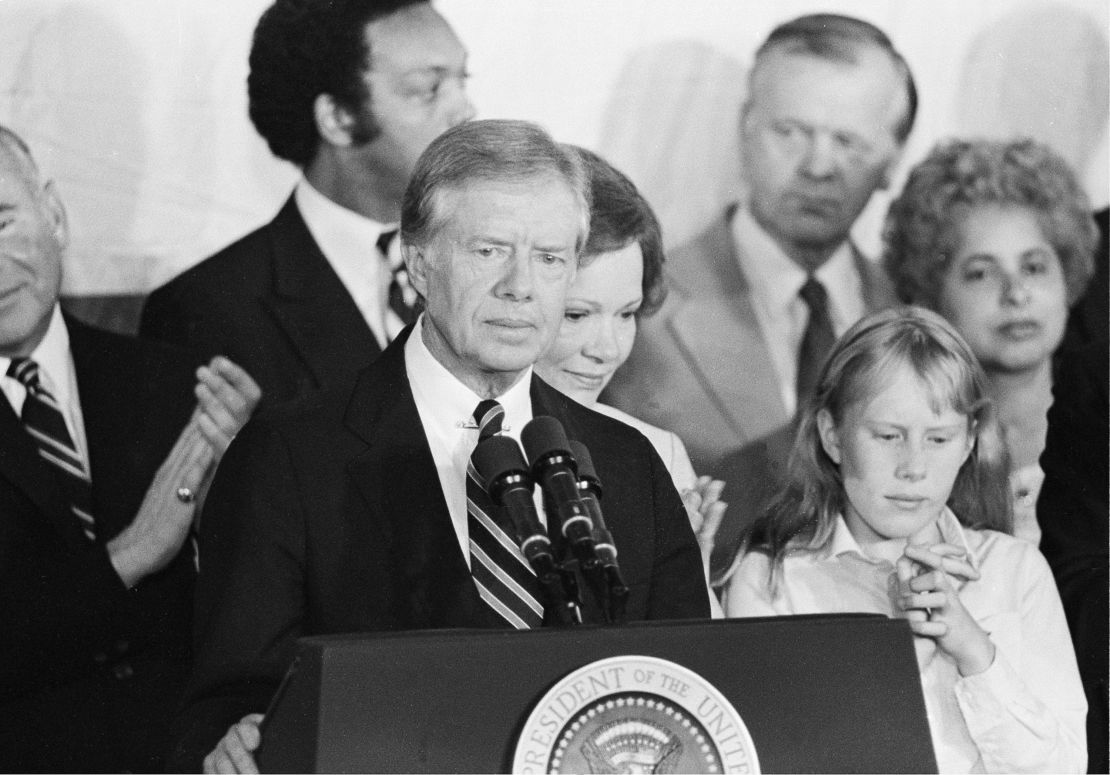 U.S. President Jimmy Carter concedes defeat in the presidential election as he addresses a group of Carter-Mondale supporters in Washington, DC, Tuesday, Nov. 4, 1980. 