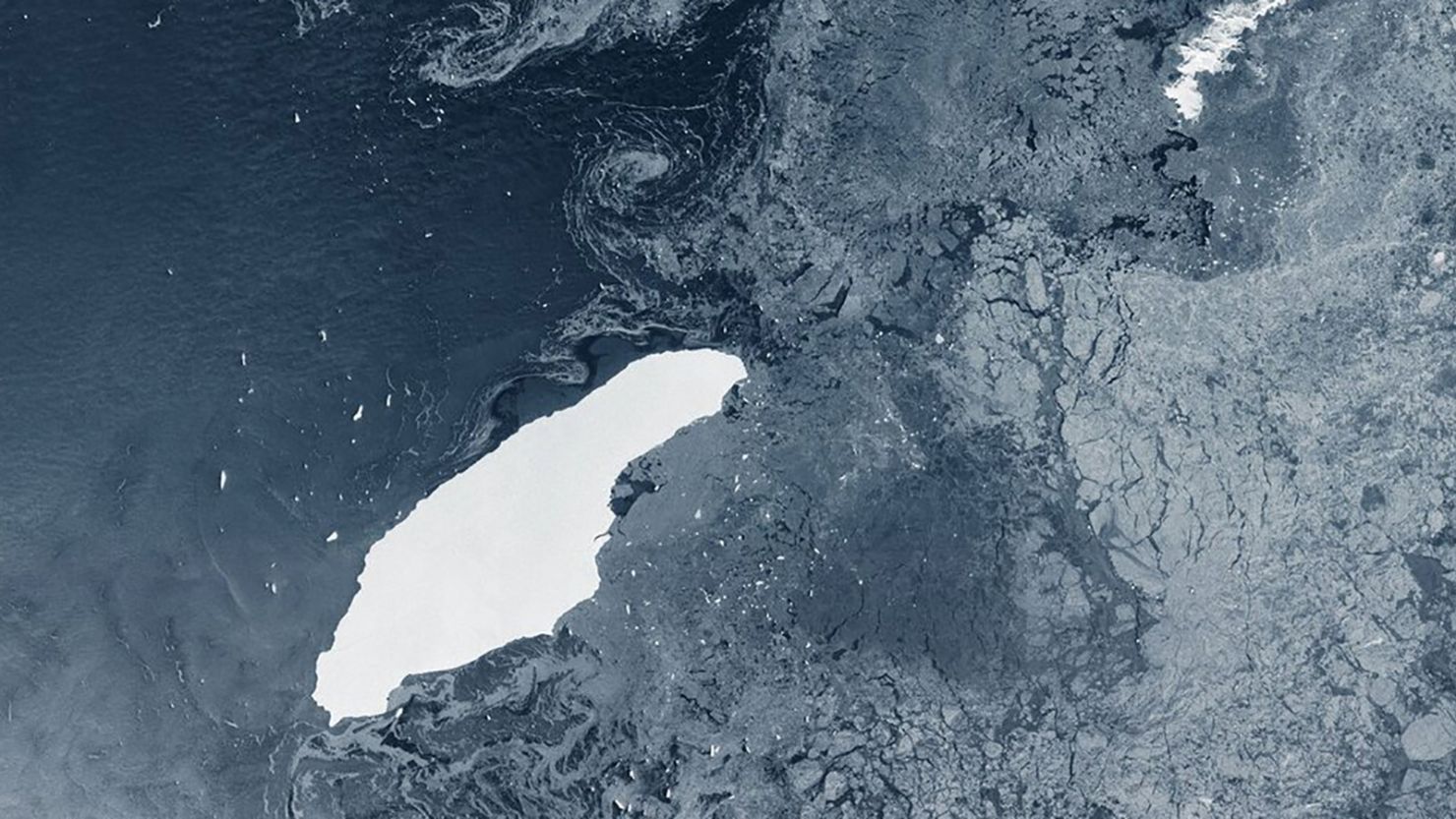 The A68 iceberg, seen from space in July. 