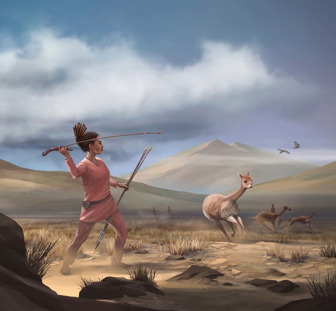 An illustration of a female hunter who may have killed big-game animals in the Andes 9,000 years ago.