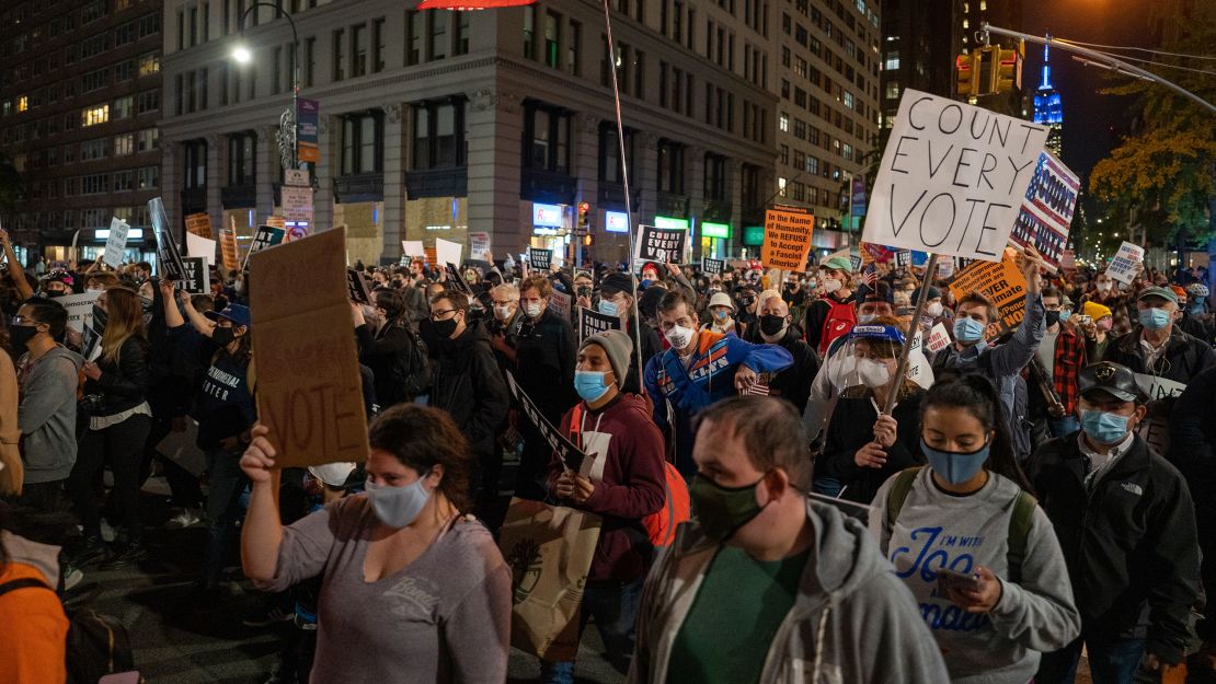 Protesters hit the streets on Wednesdsay as presidential election results remain uncertain in New York City.