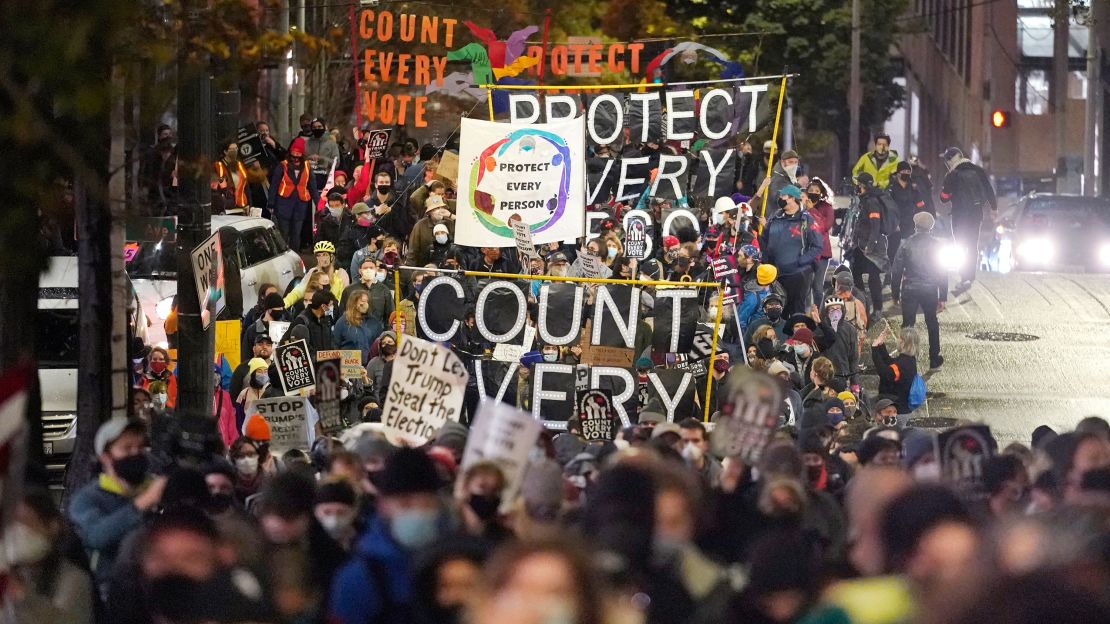 Protesters representing Black Lives Matter and Protect the Results march Wednesday night in Seattle.