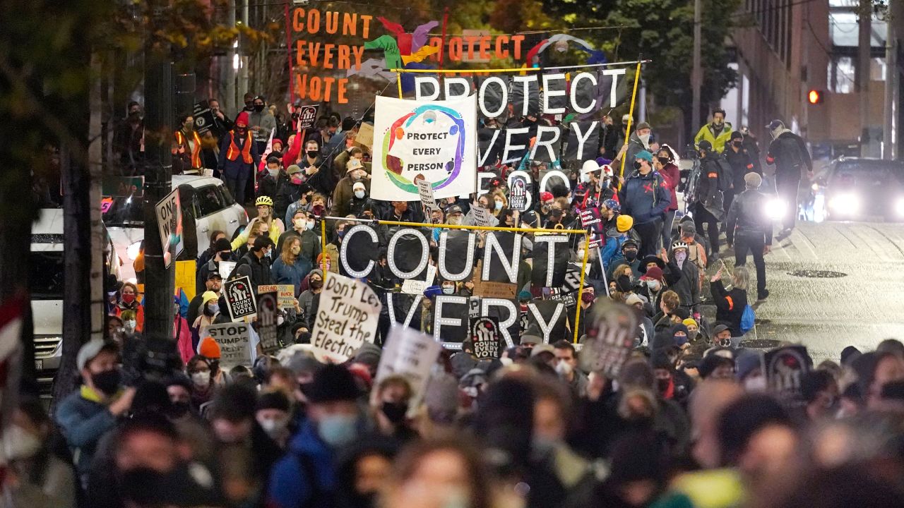 Protesters representing Black Lives Matter and Protect the Results march Wednesday night in Seattle.