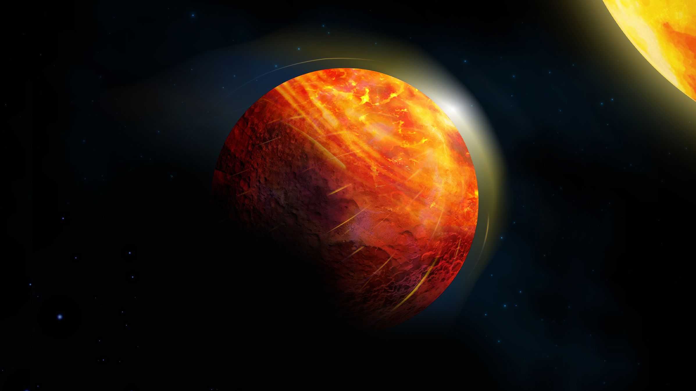An artist's impression of the lava planet K2-141b: At the center of the large illuminated region, there is an ocean of molten rock overlain by an atmosphere of rock vapor.