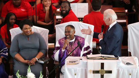 Joe Biden pays compliments to Stacey Abrams during a March 2020 event in Selma, Alabama. 