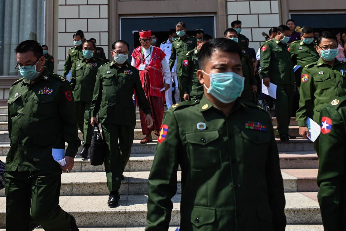 Military officers who serve as members of Myanmar's parliament after a session at the Assembly of the Union (Pyidaungsu Hluttaw) in Naypyidaw on March 10.