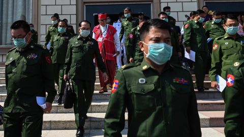 Military officers who serve as members of Myanmar's parliament after a session at the Assembly of the Union (Pyidaungsu Hluttaw) in Naypyidaw on March 10.