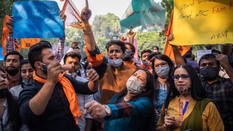 Members of rightwing Akhil Bhartiya Vidhyarthi Parishad (ABVP) shout slogans against Maharashtra state government as they protest the arrest of television news anchor Arnab Goswami in in New Delhi, India, Thursday, Nov. 5, 2020.