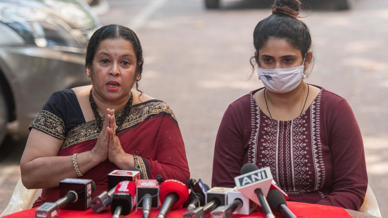 Anvay Naik's wife Akshata Naik and daughter Adnya Naik address media during a press conference after Arnab Goswami's arrest on November 4, 2020 in Mumbai, India.