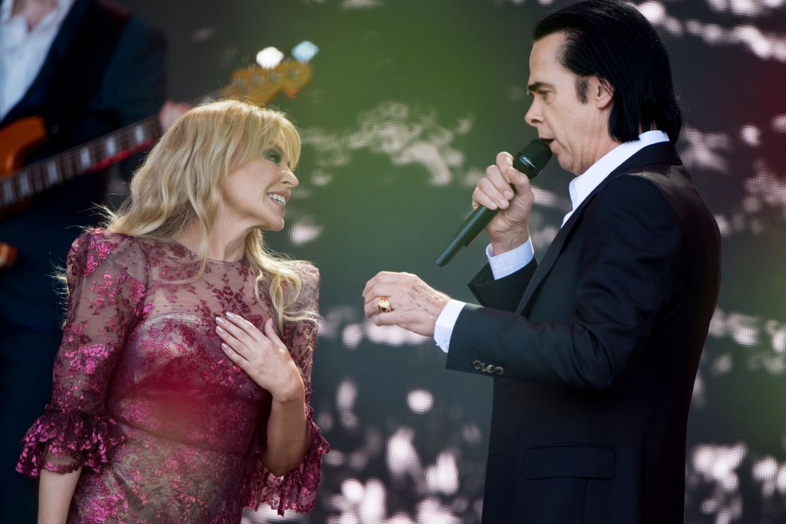 Kylie Minogue and Nick Cave perform on the Pyramid stage at Glastonbury Festival