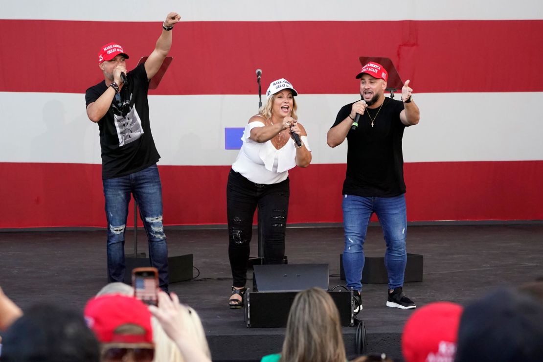 The Cuban salsa band Los 3 de La Habana sing during a Trump campaign rally at Bayfront Park Amphitheater, in Miami.