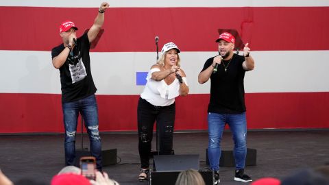 The Cuban salsa band Los 3 de La Habana sing during a Trump campaign rally at Bayfront Park Amphitheater, in Miami.