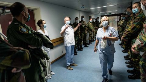 Soldiers are welcomed to the Bois de l'Abbaye hospital in Seraing, in Belgium's Liege province, on November 2.