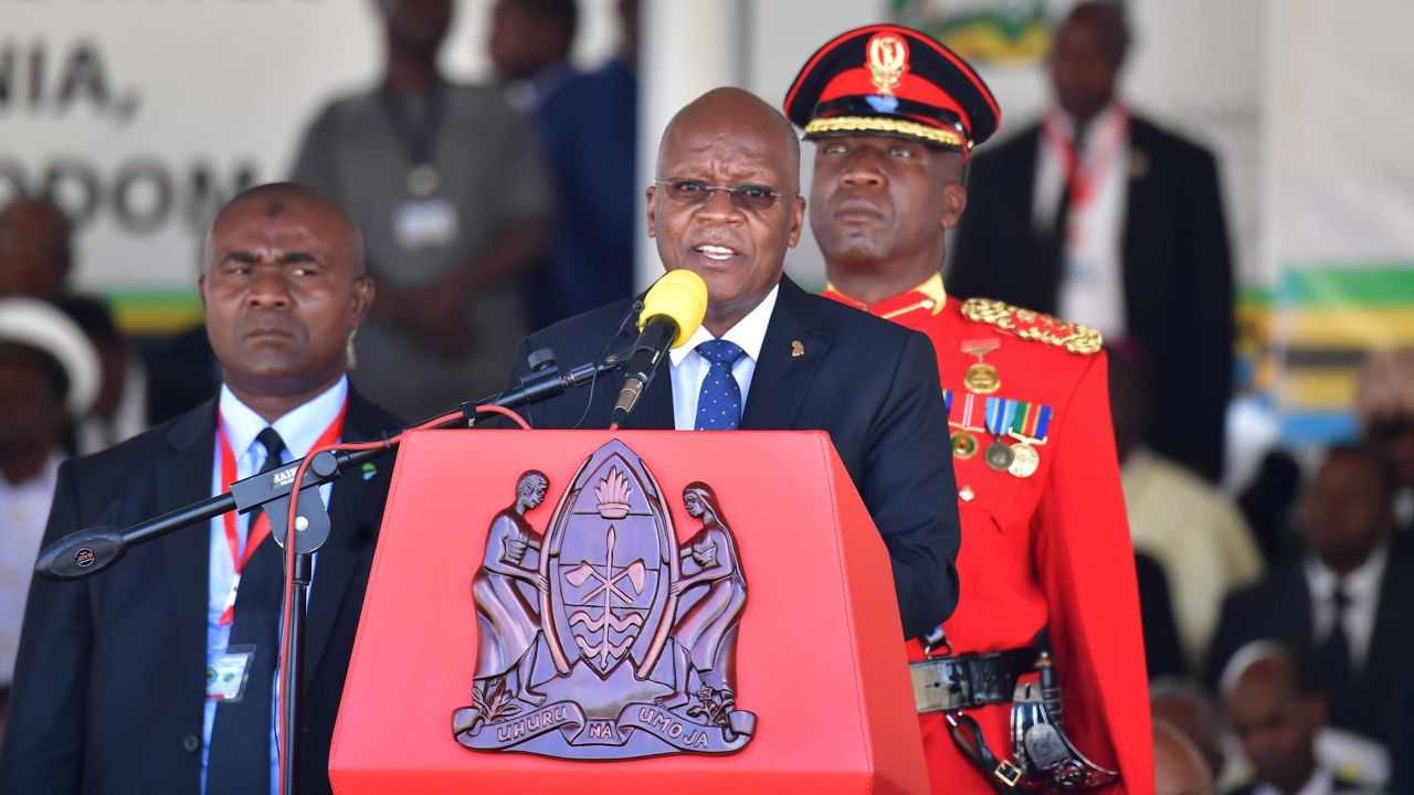 Tanzania's newly re-elected President John Magufuli speaks at his inauguration ceremony on November 5.
