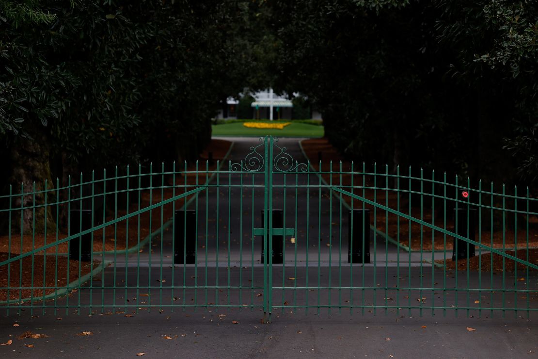 A view of the locked gates at the entrance of Magnolia Lane at Augusta National.