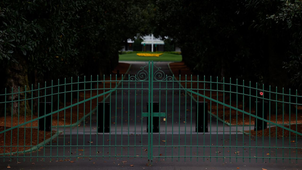A view of the locked gates at the entrance of Magnolia Lane at Augusta National.