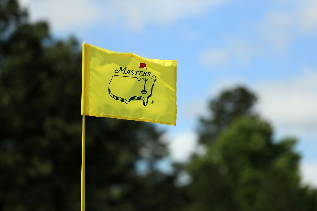 A pin flag is seen during a practice round prior to the Masters in 2019.