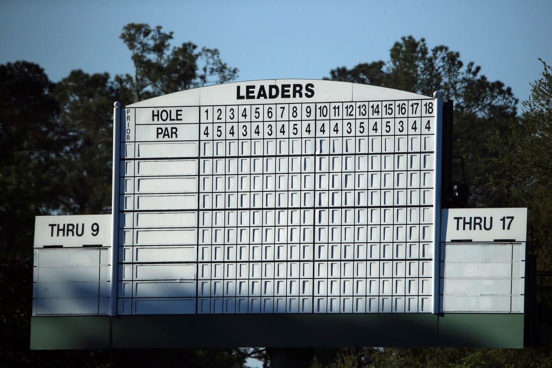 A general view of the leaderboard during a practice round prior to the Masters.