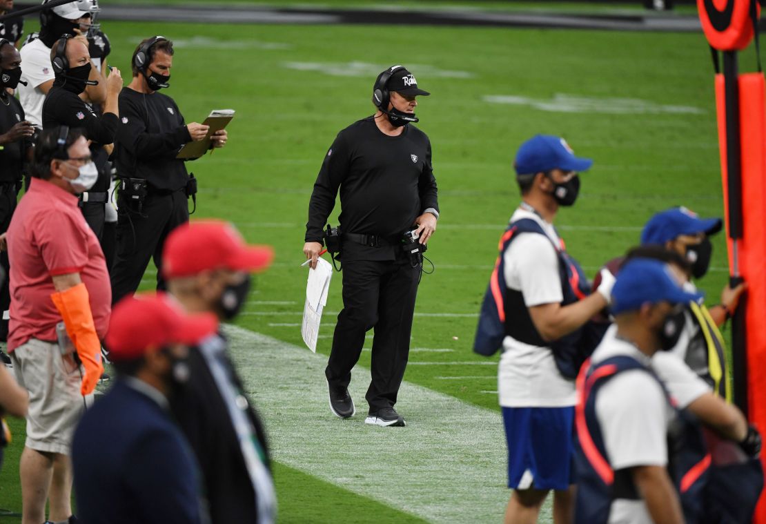 Raiders head coach Jon Gruden watches his team play the Buffalo Bills at Allegiant Stadium in Las Vegas on October 4, 2020.