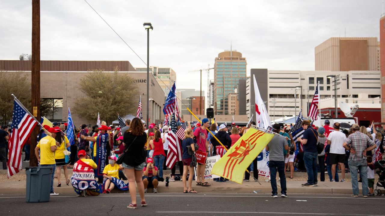 PHOENIX, AZ - NOVEMBER 06: Supporters of President Donald Trump gather to protest the election results at the Maricopa County Elections Department office on November 6, 2020 in Phoenix, Arizona. The protest was organized by Turning Point Action while ballots continue to be counted in many critical battleground states. (Photo by Courtney Pedroza/Getty Images)