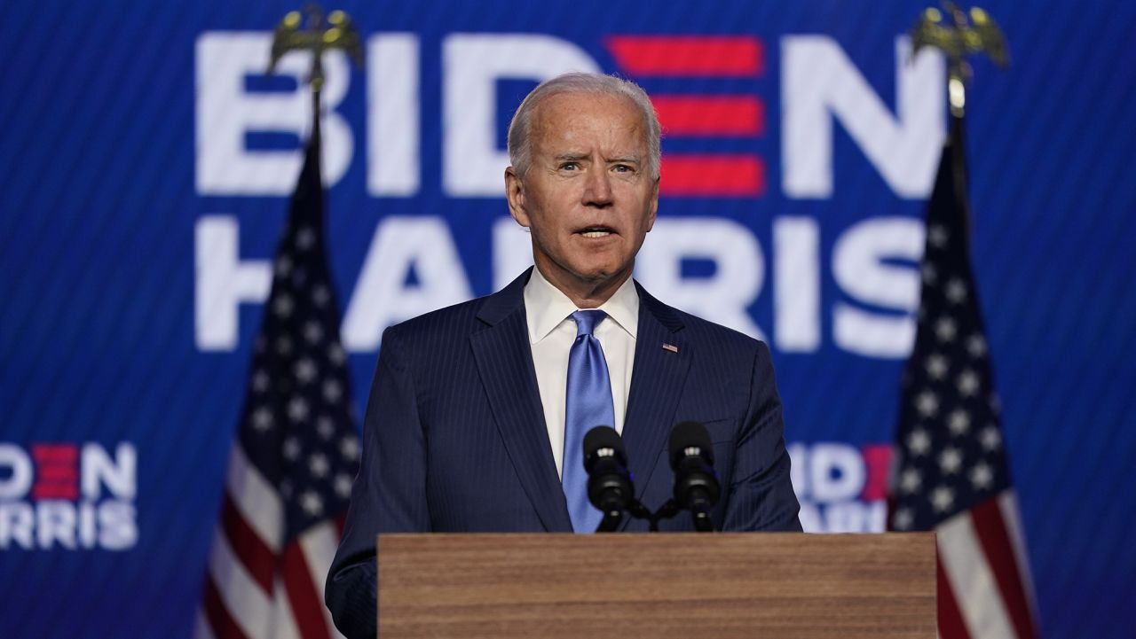 Democratic presidential candidate former Vice President Joe Biden speaks Friday, Nov. 6, 2020, in Wilmington, Del. (AP Photo/Carolyn Kaster)