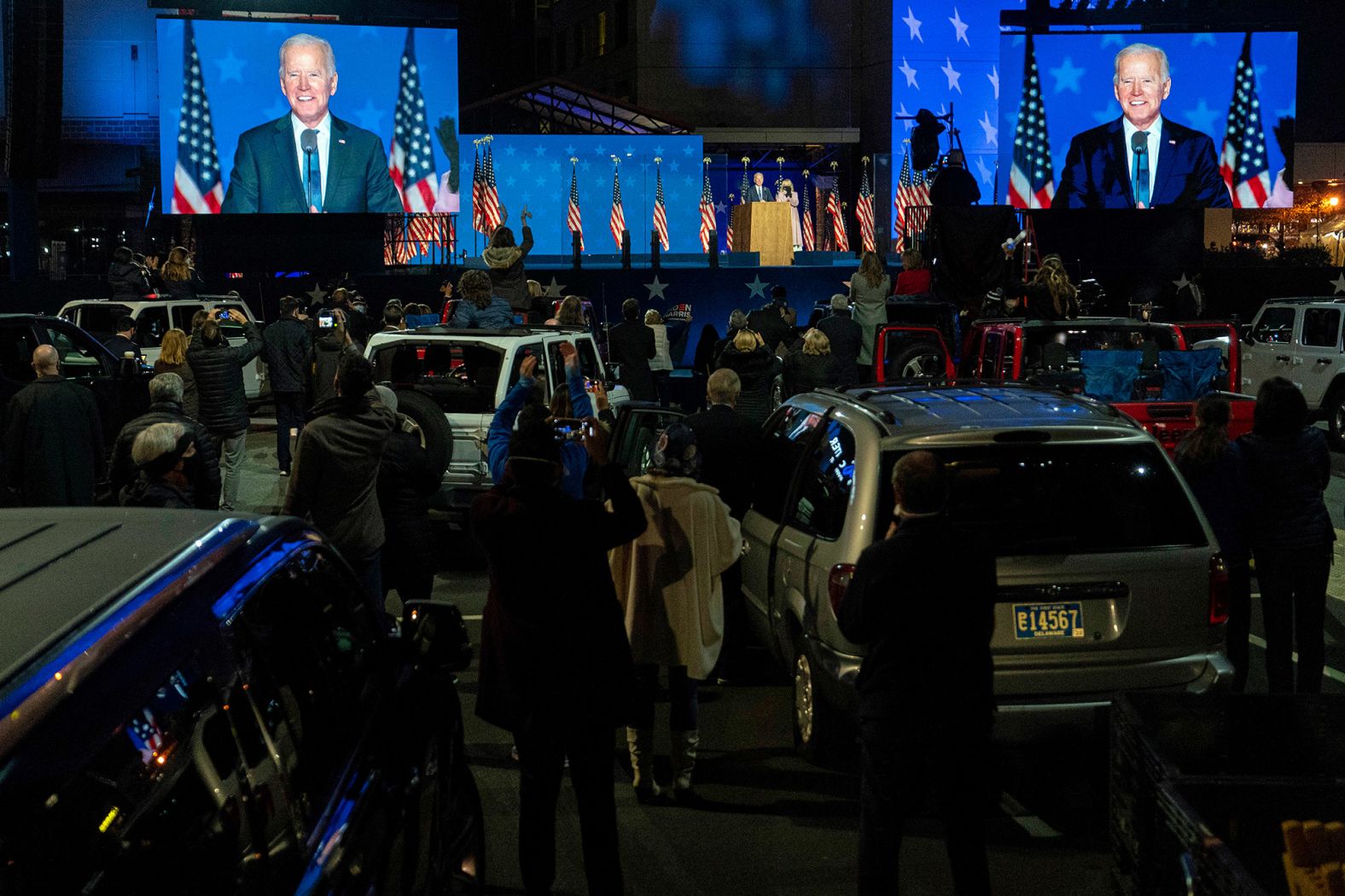 Biden speaks to supporters on election night in Wilmington, Delaware. <a href="index.php?page=&url=https%3A%2F%2Fwww.cnn.com%2Fpolitics%2Flive-news%2Felection-results-and-news-11-03-20%2Fh_c9d3de4535338d8a5cd4cc550abea9d6" target="_blank">Biden urged patience</a> as the votes continued to be counted in several key states across the country. "We knew, because of the unprecedented early vote and the mail-in vote, it was gonna take a while," he said.